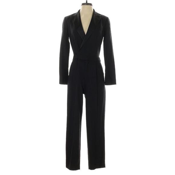 Ralph Lauren Tuxedo Jumpsuit Black Wool Long Sleeve 0 Straight Leg Silk Lapels - Picture 2 of 12